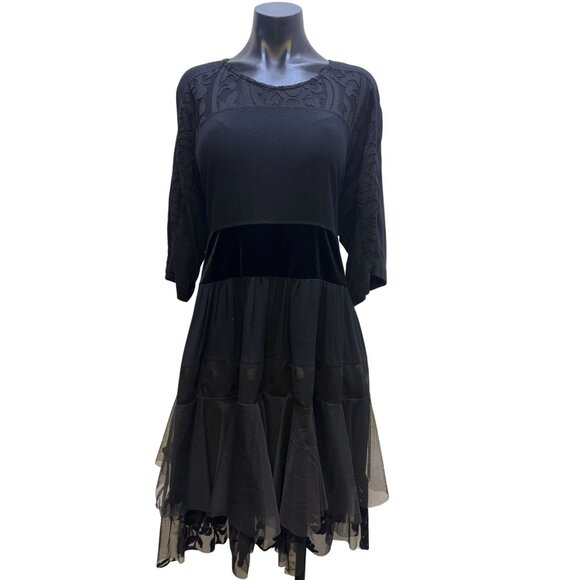 Alembika Womens Black Dress With Sheer Layered Skirt & Patterned Top S - Picture 1 of 6